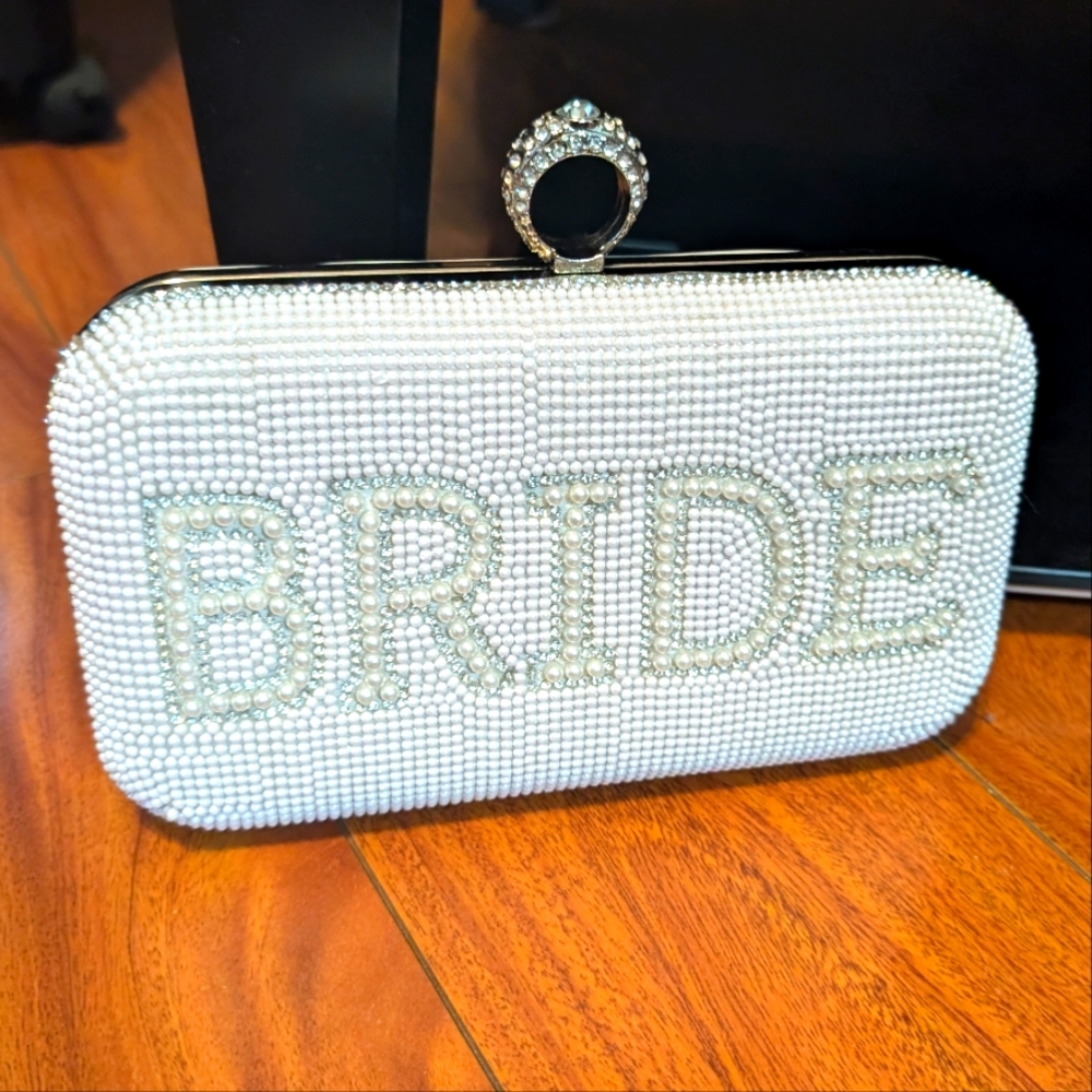 Wedding clutch / box bag in white with BRIDE spelled In pearls and rhinestones